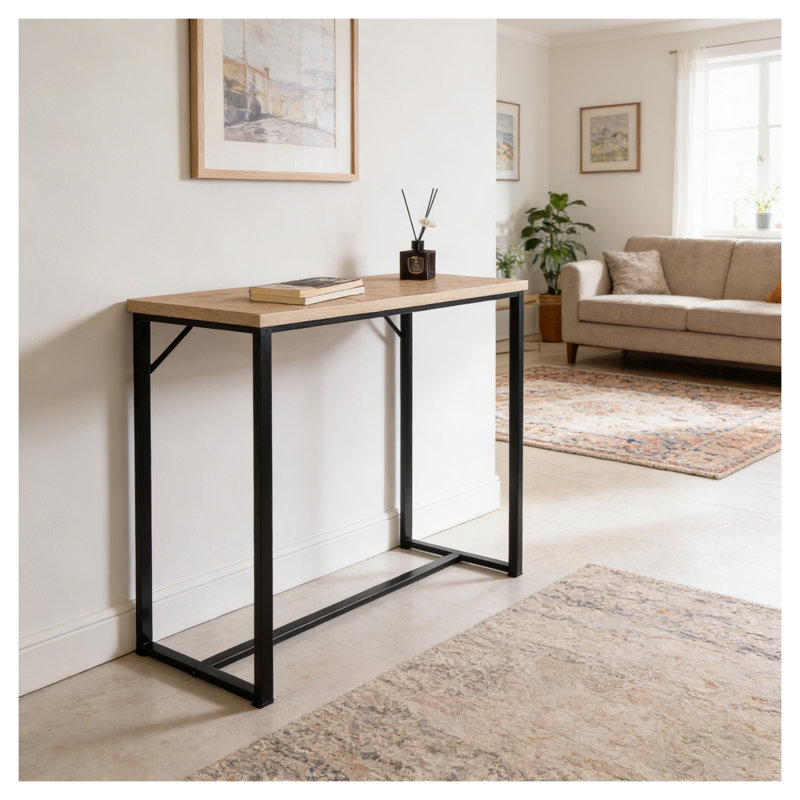 Console côtière moderne avec plateau en bois naturel et structure en métal noir - l 39 po