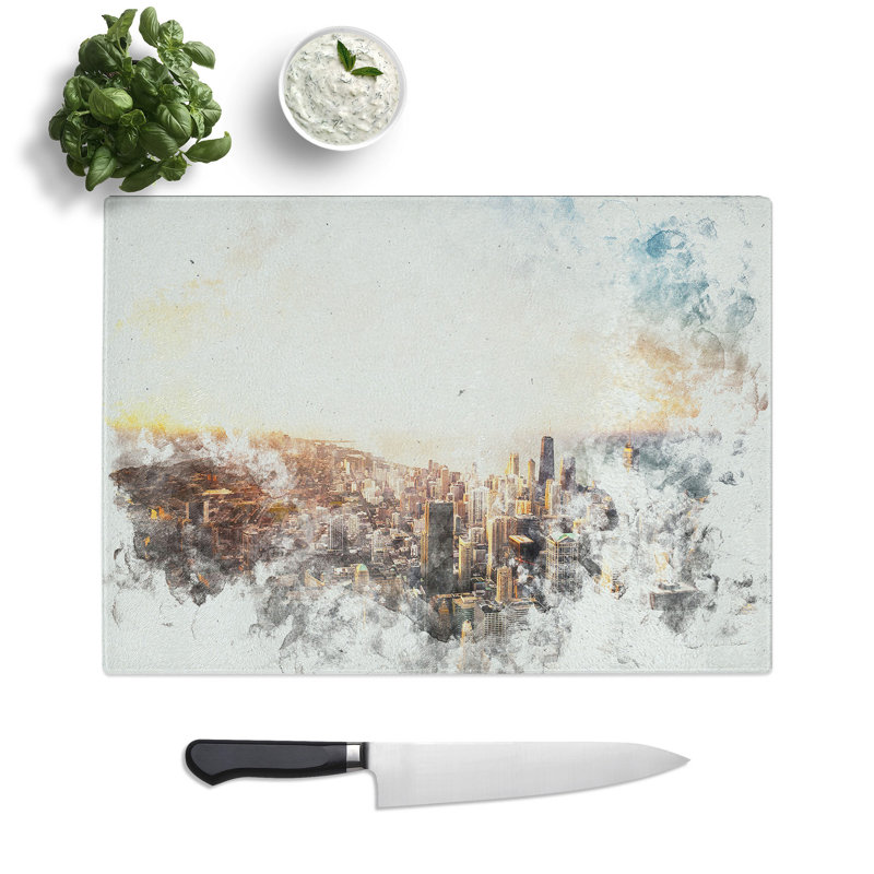 Tempered Glass High over the Chicago Skyline Chopping Board, 20 cm x 28.5 cm