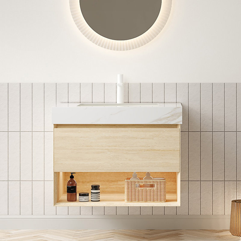 Meuble-lavabo de salle de bain, meuble de rangement flottant, tiroir et tablette avec capteur de lumière