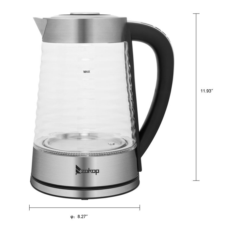 Bouilloire électrique 1200W avec corps lumineux en verre borosilicaté bleu clair avec poignée électronique, 1.94