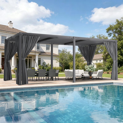 12' x 20' White Aluminum Louvered Pergola with Curtains and Adjustable Roof for Outdoor Living