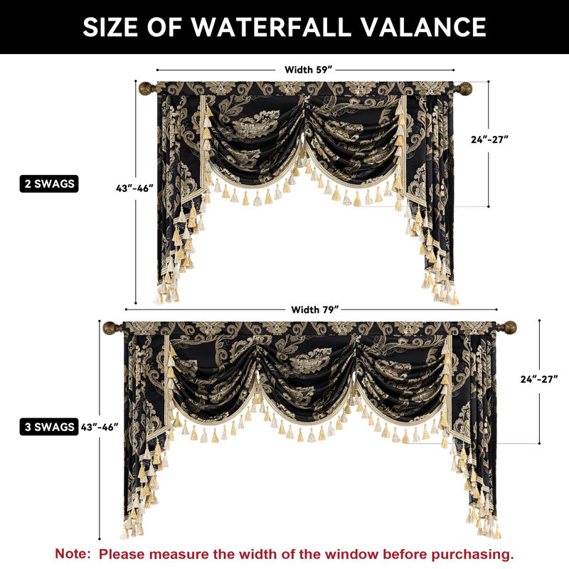 Classic Swag Valance with Tassels, Black Jacquard Waterfall Valance, 79" Window Treatment 1 Panel, 45" W x 79" L