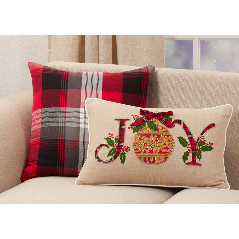 20" Red and Black Plaid Cotton Throw Pillow