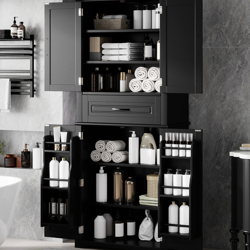 Bathroom Storage Cabinet with Multi-Functional Storage Space, Drawer with Slide Rails, Adjustable Shelf, Black, Black