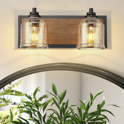 16 in. Modern Farmhouse 2-Light Dimmable Bathroom Vanity Light with Seeded Glass and Wood-Grain Backplate
