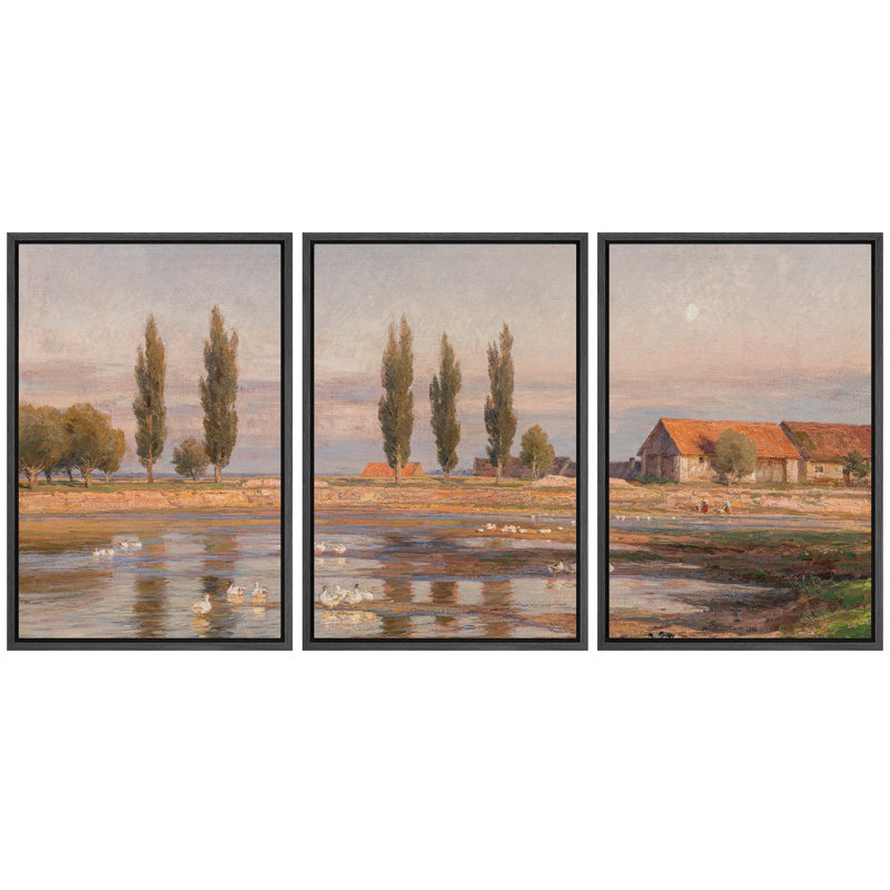 «Twilight Riviera Sunset Over Waterfront Nature Wilderness Illustration Decor Panoramic Earth» 3 - Pièces sur, Cadre blanc