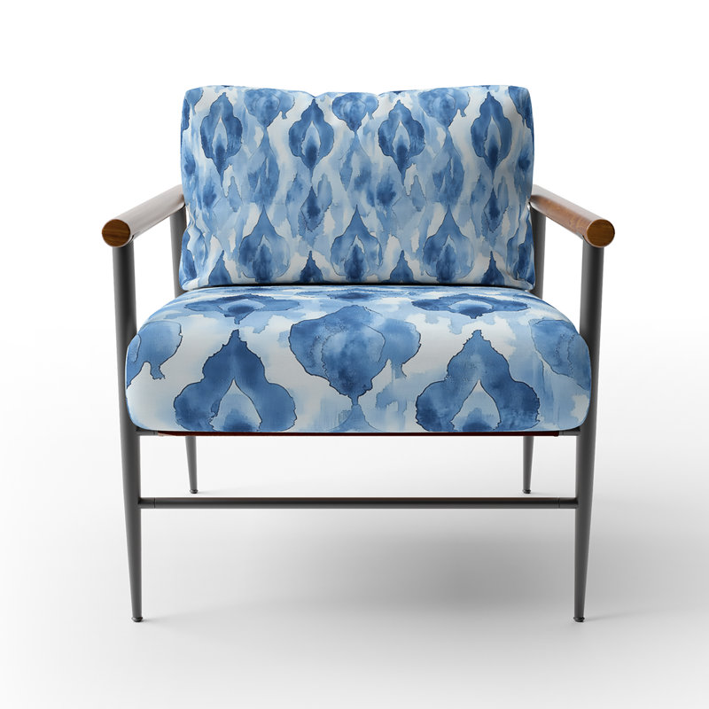 Chaise d'appoint Coastal - Fauteuil bleu Ikat, Bras ronds bruns