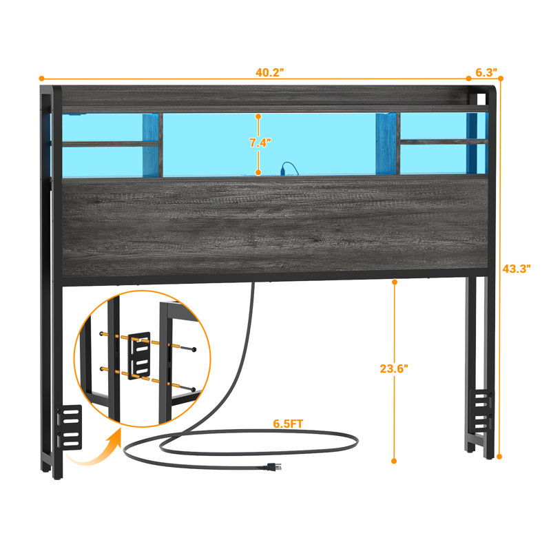 Tête de rangement avec lumières DEL, tête de lit bibliothèque avec station de charge, Gris, Lit simple