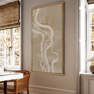 Flowing Harmony II – Organic Beige Abstract Fluid Line Design - Large Framed Canvas Master Bedroom Wall Art Print