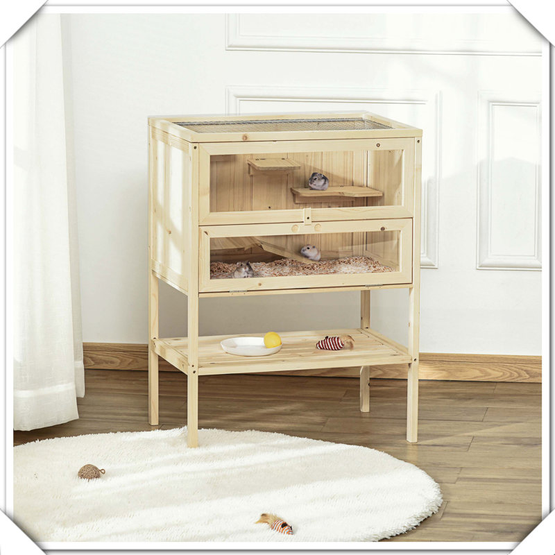 Cage à 3 niveaux en bois avec tablette supérieure, Naturel