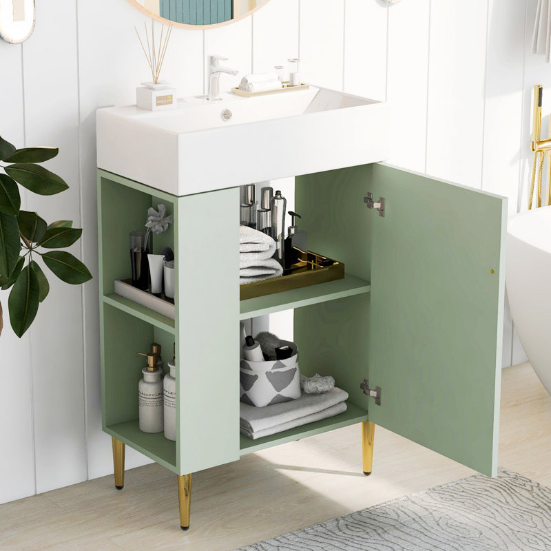 Meuble-lavabo de salle de bain avec lavabo en céramique, Vert