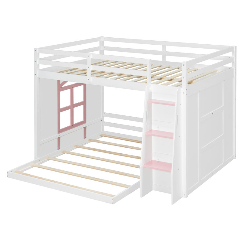 Structure de lit superposé en bois en forme de L avec fenêtre décorative, tablettes de rangement intégrées et escalier, Blanc