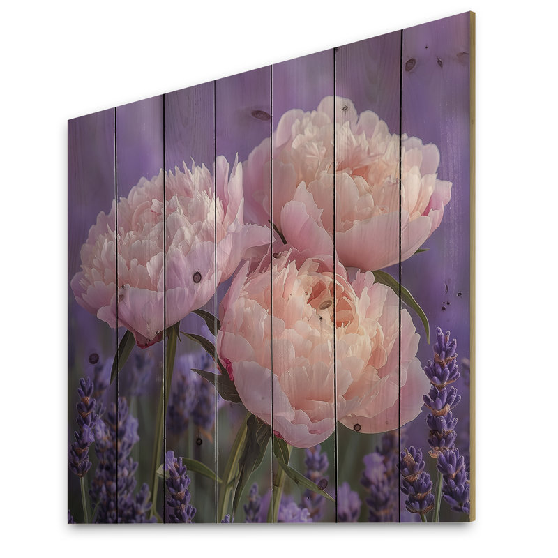 Pivoines dans le jardin de lavande IV - Décoration murale en bois de pivoines - sur bois de pin naturel