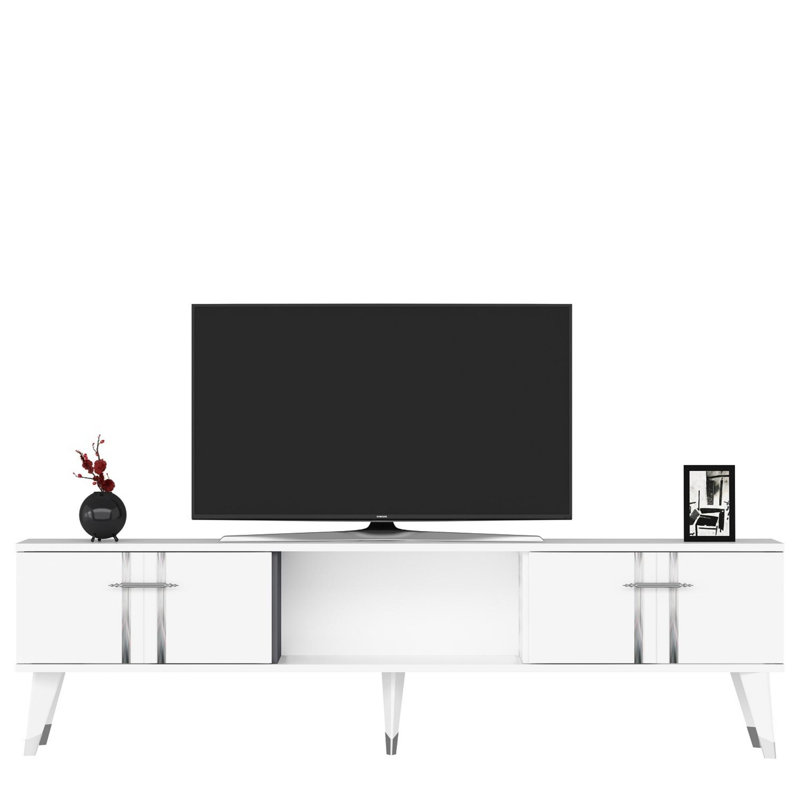 Meuble télé moderne blanc et argent 59,1 po x 17,6 po x 11,6 po | 100% panneau de particules enduit de mélamine, épaisseur: 0,7 pouce | Conception élégante pour le salon, le centre de divertissement, la solution de rangement élégante et durable
