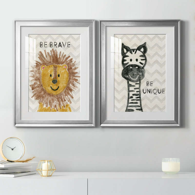 Safari Be Brave - ensemble de 2 reproductions, H 22,5 po x l 61 po x P 1,5 po, Papier avec cadre argenté, Blanc