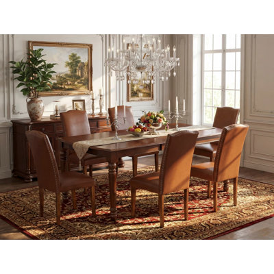 7 Piece Dining Table Set Consist of a Rectangle Dining Room Table with Butterfly Leaf and 6 Brown Faux Leather Parson Chairs, Mahogany