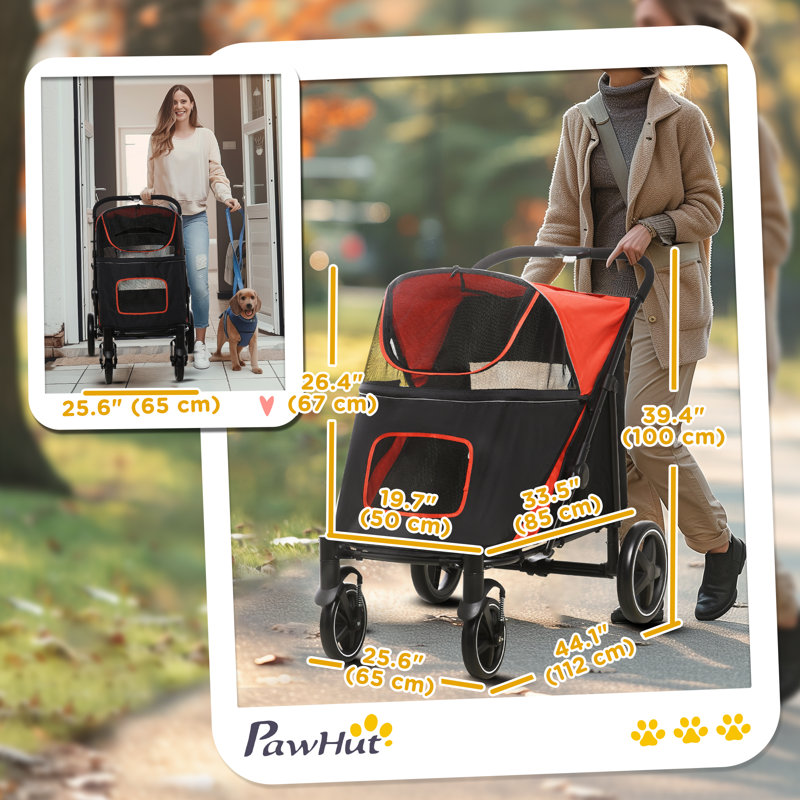 Foldable Standard Stroller Pet Stroller with Storage Smooth Ride with Shock Absorption, Red/Black