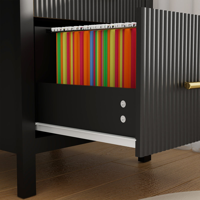 Modern Executive Desk with File Drawers, Wood Home Office Desk with Storage Drawers, Black