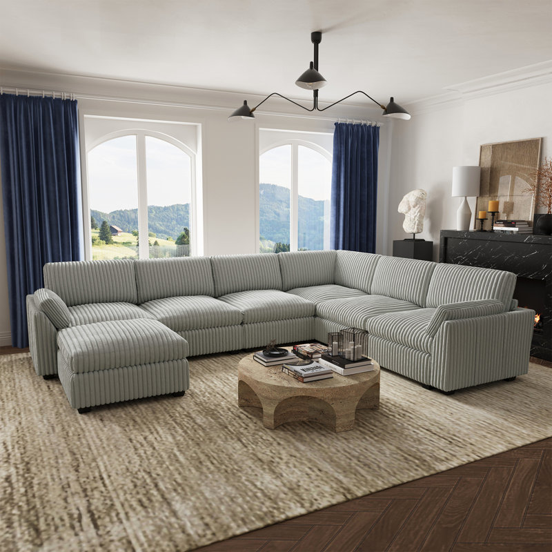 Grand canapé modulaire en forme de U de 137,8 pouces Caryn, Velours côtelé gris
