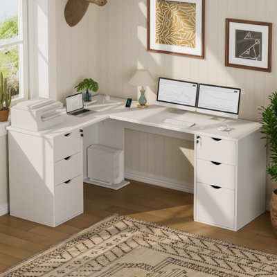 Bureau de direction en L avec prises intégrées, bureau de 66 pouces avec tiroirs, blanc