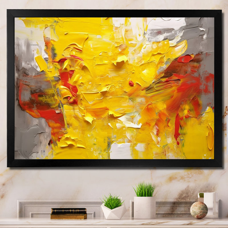 Joyeux chaos en jaune et gris - Collages abstraits, salon d'art mural, H 24 po x l 32 po x P 1 po, Cadre simple noir