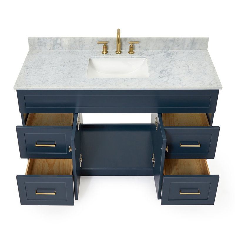 Partham 55'' Single Bathroom Vanity with Carrara Marble Top, Midnight Blue