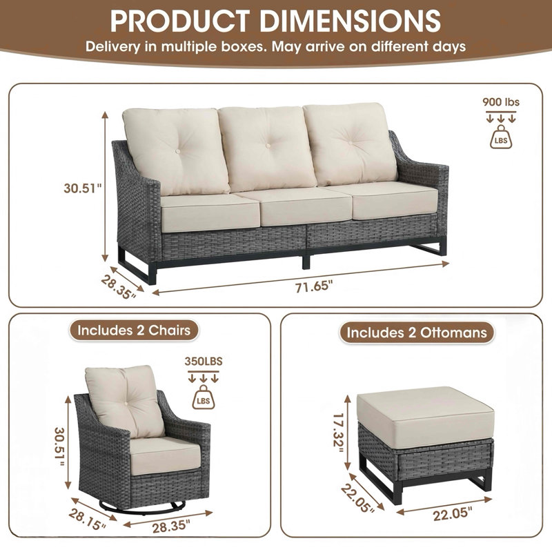 6 Piece Patio Furniture Set With Fire Pit Table, Outdoor Wicker Conversation Set With 3-seat Sofa, 2 Swivel Rocker Chairs And 2 Ottomans, All-weather Pe Wicker For Porch, Deck, Backyard, Grey/beige