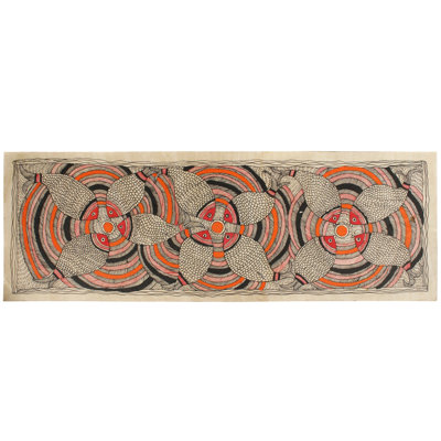 Nourrir les poissons en groupes | Peinture Madhubani | Couleurs naturelles sur papier fait à la main