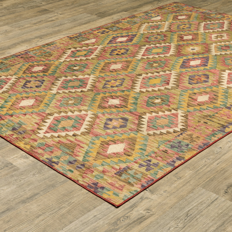 Hovey Tribal Diamond Machine Washable Gold/Red/Brown Area Rug Mat, Rectangle 3'6" x 5'6"