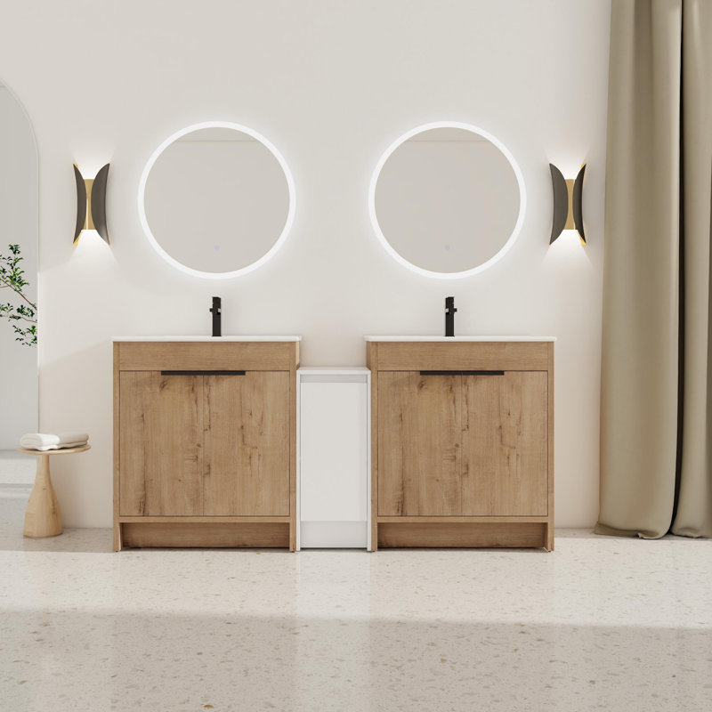 Meuble-lavabo autoportant avec lavabo en céramique et armoires de rangement, porte à fermeture douce