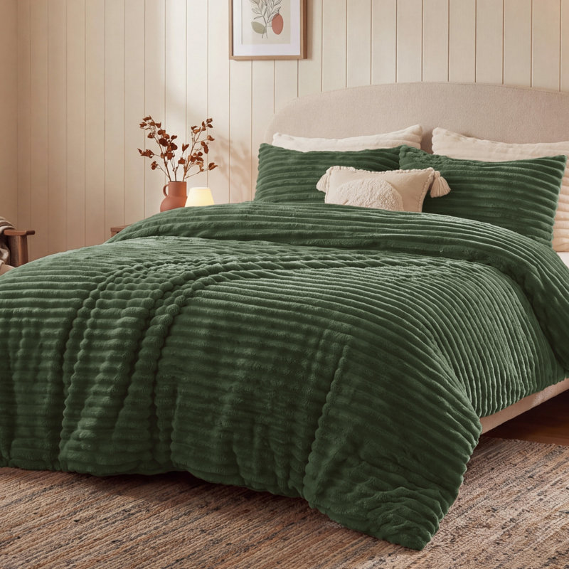 Bedsure Queen Size Comforter Sets - 3-Piece Double-Sided Fleece Fluffy Olive Green Bedding, Cozy Striped Aesthetic for Modern & Guest Bedrooms, All-Season Luxury Home Decor
