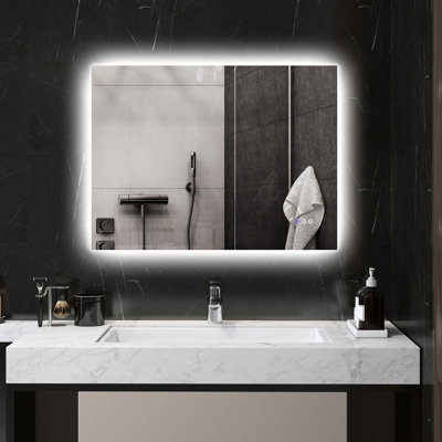 Miroir de salle de bain à DEL 32 po x 24 po, lumières avec brouillard, mémoire, luminosité à intensité variable, température de couleur réglable, fixation murale, horizontal / vertical, Cri90 +, film résistant, imperméable, cadre en alliage d'aluminium