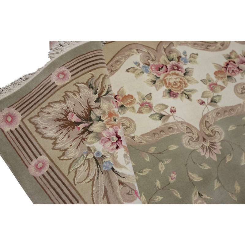Hand Knotted Oriental Area Rug in Light Green And Ivory