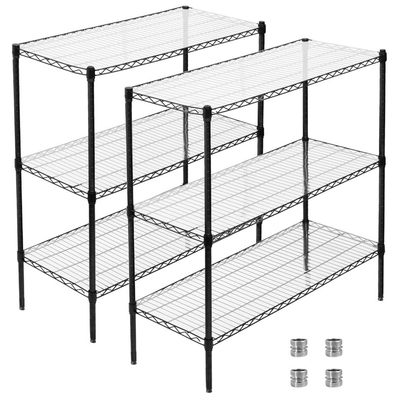 Étagère grillagée robuste à 3 niveaux d'une capacité de 1050 lb, tablette réglable avec doublures, extensible à 6 niveaux, L 48 po x P 18 po, H 96 po, noir