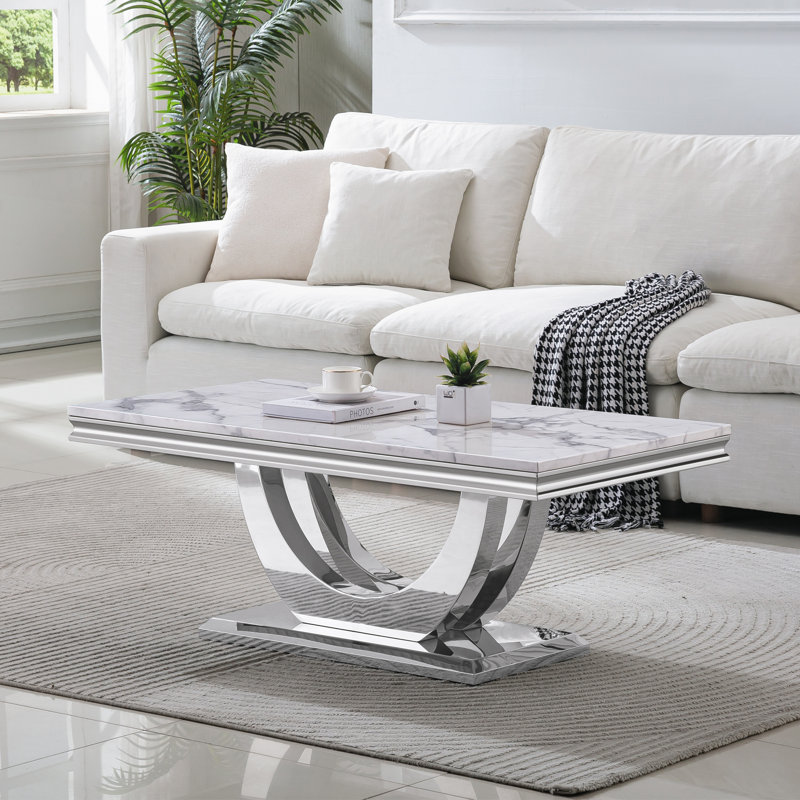 Luxury Faux Marble Coffee Table, 46.85" White Sofa Coffee Table with 0.71" Thick Marble Tabletop and Mirrored Stainless Steel Base, Modern Cocktail Table Center Table for Living Room Office