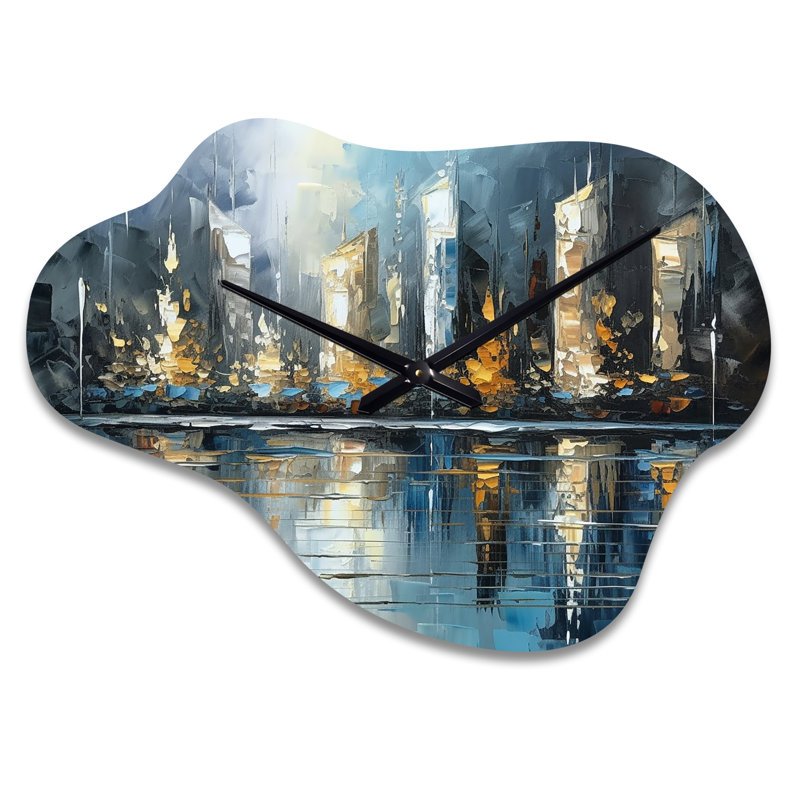 «Roessler Abstract City Skyline3 - Horloge murale asymétrique moderne en métal, impression d'horloge murale bleue, Petit