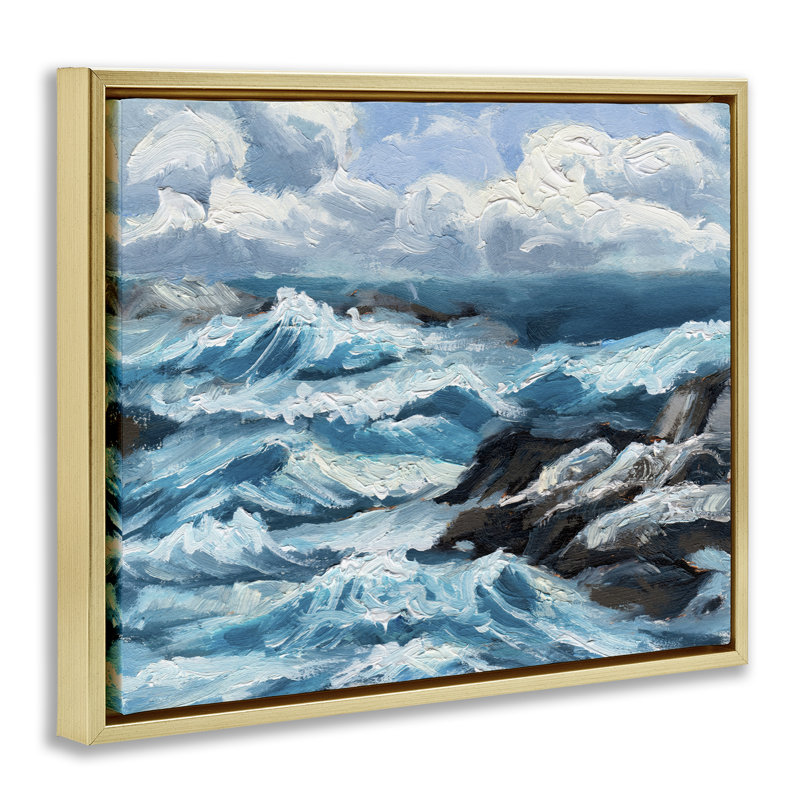 "Rough Sea Waves Splash", art mural sur toile flottante par Melissa Wang, H 25 po x l 31 po, Cadre flottant métallique doré