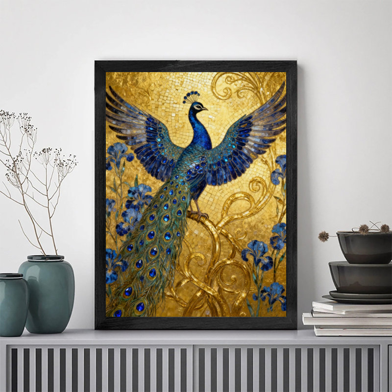 Paon noir encadré noir déployant ses ailes sur une branche dorée, impressions sur toile de style rétro, H 25 po x l 17 po