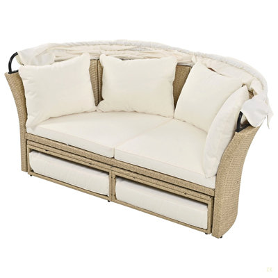 Outdoor Patio Daybed Wicker Rattan Double Daybed Round Sofa Furniture Set With Retractable Canopy, 4 Pillows For Lawn Garden Backyard Porch Pool