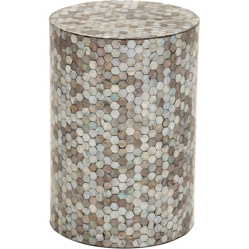 Handmade Mother Of Pearl Shell Geometric Mosaic Accent Table, Contemporary Side End Table