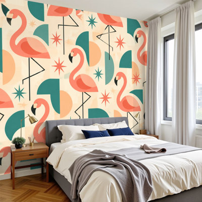 Peel and Stick Wallpaper Wall Mural 1950s Mid Century Modern Atomic Era Flamingos Cosmic Starbursts Wall Art Self Adhesive and Removable