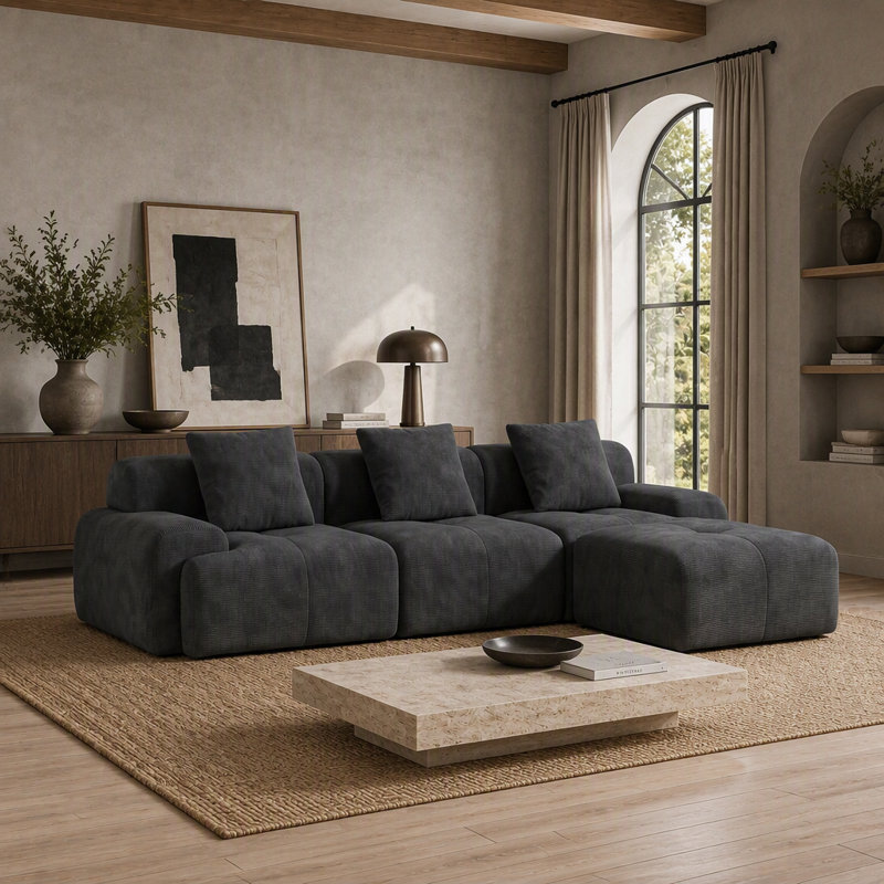 Canapé modulaire moderne en forme de L sans os, canapé 3 places en velours côtelé gris foncé avec repose-pieds et coussins décoratifs, aucun assemblage requis pour le salon