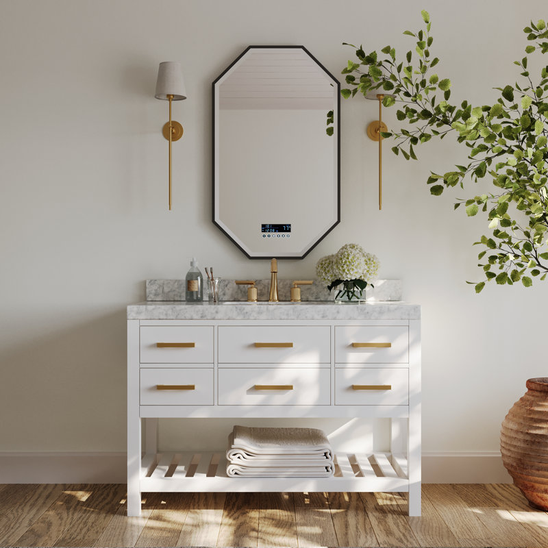 Ensemble de meuble-lavabo simple 48 po Carrie, Blanc/or brossé, Marbre blanc de Carrare