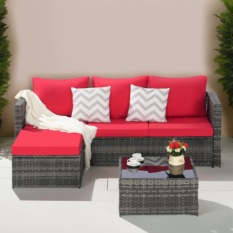 Ensemble de conversation modulaire en rotin avec méridienne et coussins 3 pièces, Rouge
