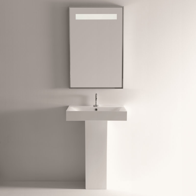 Glossy White Ceramic Rectangular Semi-Pedestal Bathroom Sink