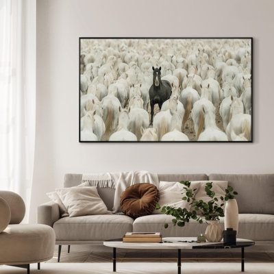 Unique Black Horse Amidst White Herd Animal Illustrations Extra Large Framed Wall Art Print Decor (Frame Assembly Required)