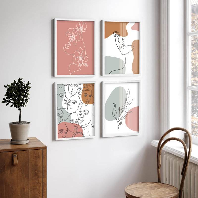 «Modern Line Art visages and Botanicals Illustration Relax Minimalist Abstract Wall Decor», 4 pièces, Blanc