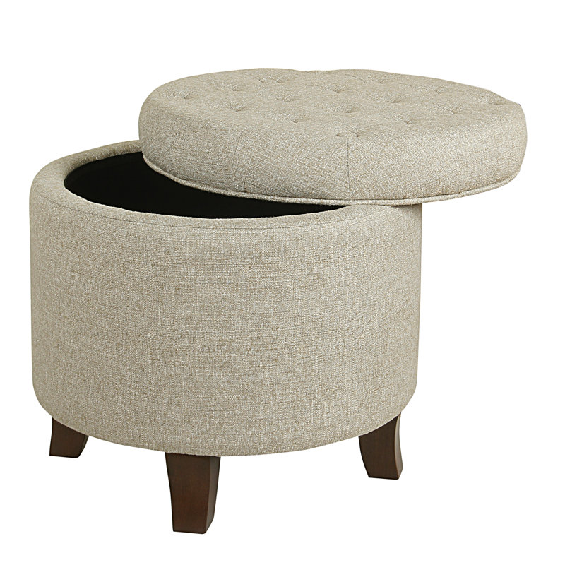 Round Button-Tufted Storage Ottoman, Tan