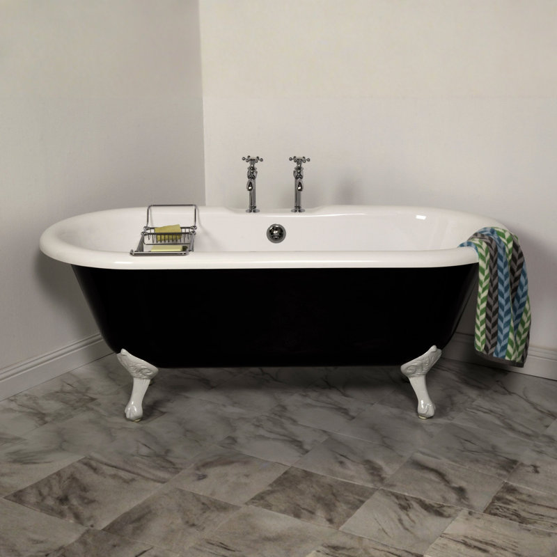 Baignoire sur pattes en acrylique à deux extrémités 66 po sans trous à robinets noir et blanc Arcadia, Nickel poli