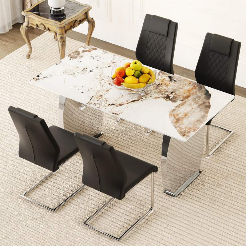 Modern Luxury Dining - Sintered Stone Tabletop, 4 Black Chairs With Silver Legs, Versatile For Different Rooms Ensemble Table, Slip And Secure Design